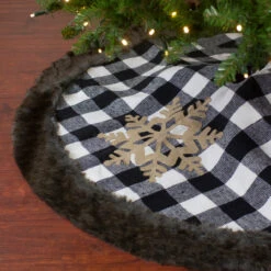 48" Black And White Buffalo Plaid Christmas Tree Skirt With Burlap Snowflake