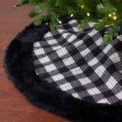 48" Black And White Buffalo Plaid Christmas Tree Skirt