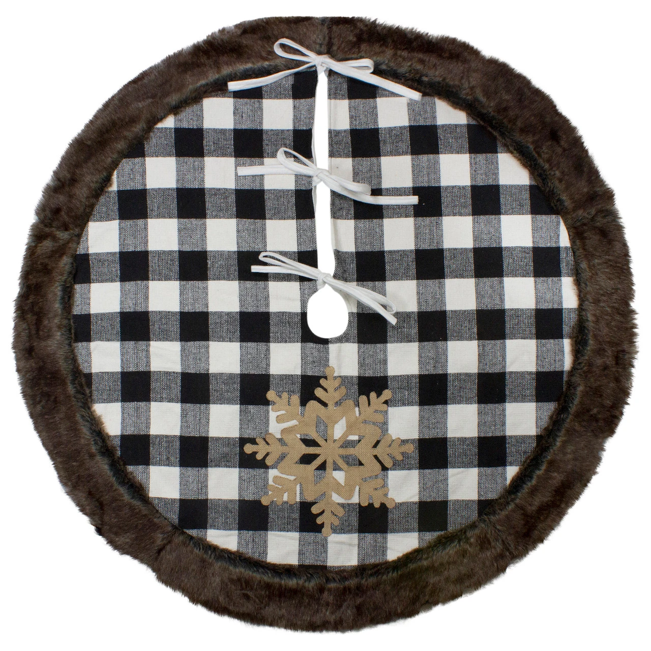 48" Black And White Buffalo Plaid Christmas Tree Skirt With Burlap Snowflake 2 48" Black And White Buffalo Plaid Christmas Tree Skirt With Burlap Snowflake - Image 2