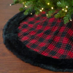 48" Red And Black Plaid With Polka Dots Christmas Tree Skirt