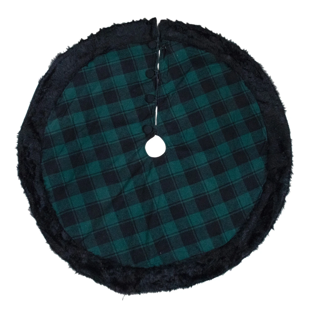 48" Green And Black Plaid Christmas Tree Skirt With Faux Fur 2 48" Green And Black Plaid Christmas Tree Skirt With Faux Fur - Image 2