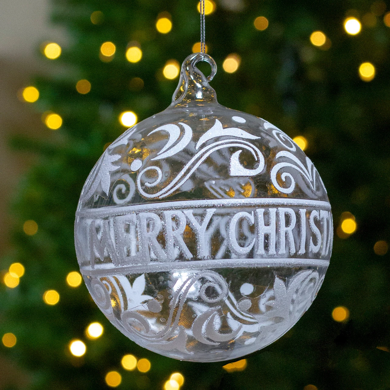 Clear And White Glass Merry Christmas Ball Ornament 6" (150mm) 2 Clear And White Glass Merry Christmas Ball Ornament 6" (150mm) - Image 2