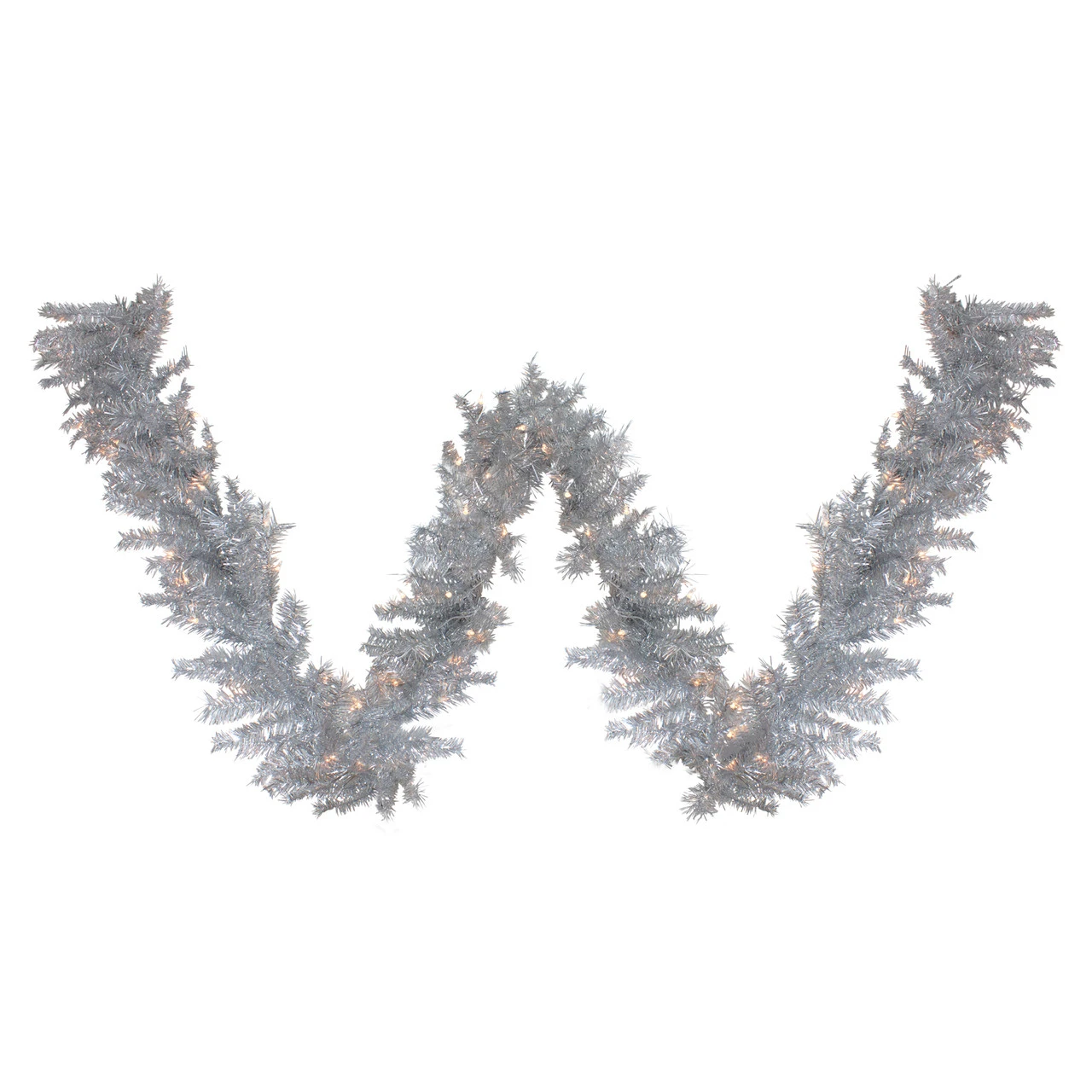 9' X 12" Pre-Lit Silver Tinsel Artificial Christmas Garland, Clear Lights 1 9' X 12" Pre-Lit Silver Tinsel Artificial Christmas Garland, Clear Lights