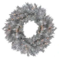 24" Silver Tinsel Artificial Christmas Wreath, Clear Lights