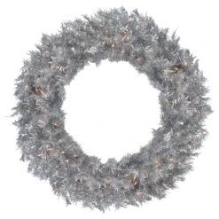 36" Pre-Lit Silver Tinsel Artificial Christmas Wreath, Clear Lights