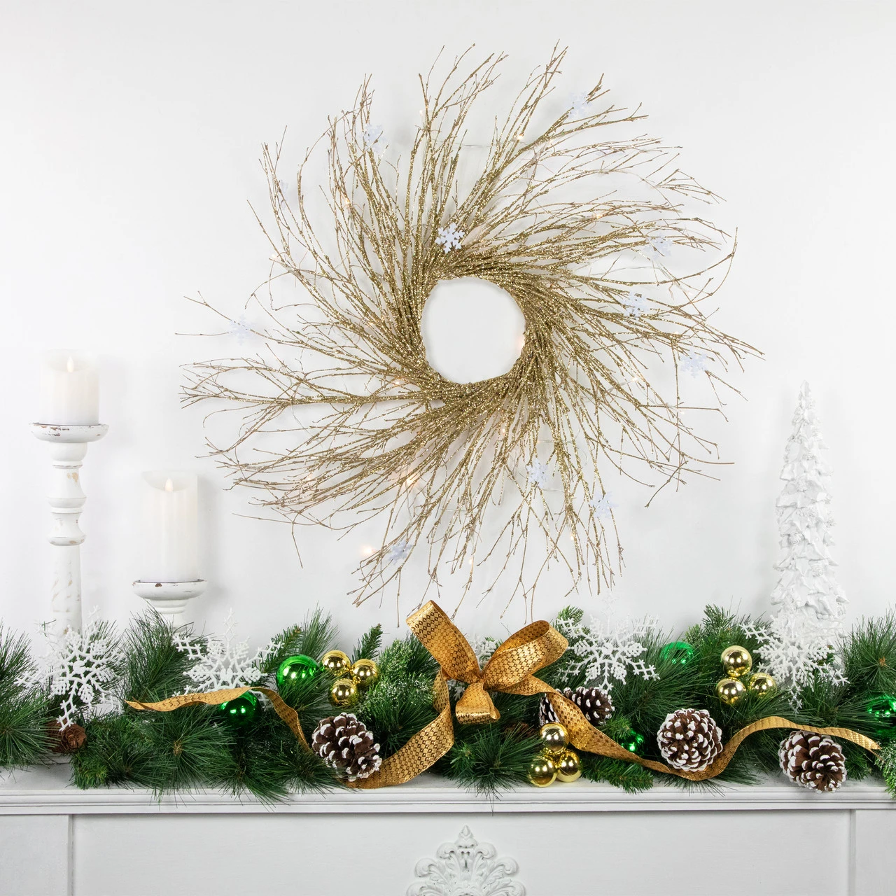 28" Pre-lit Gold Glittered Artificial Twig Christmas Wreath, Warm White LED Lights 2 28" Pre-lit Gold Glittered Artificial Twig Christmas Wreath, Warm White LED Lights - Image 2