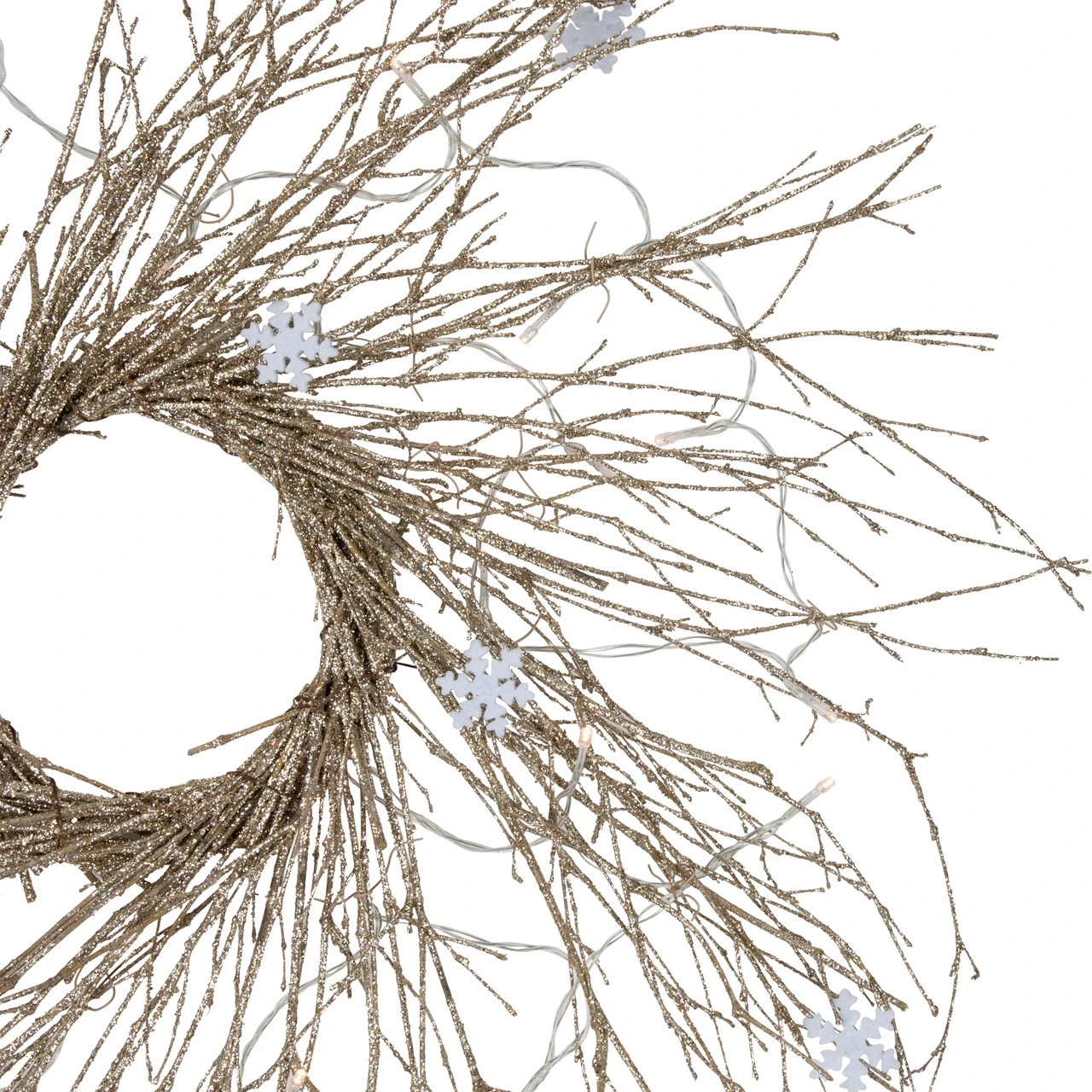 28" Pre-lit Champagne Glittered Artificial Twig Christmas Wreath, Warm White LED Lights 4 28" Pre-lit Champagne Glittered Artificial Twig Christmas Wreath, Warm White LED Lights - Image 4