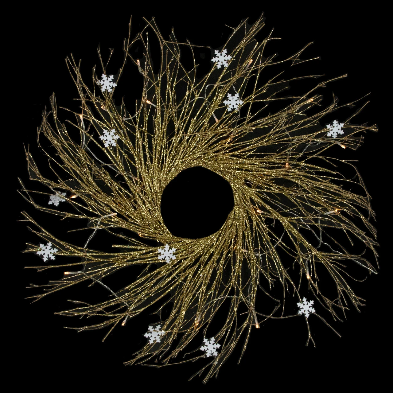 28" Pre-lit Gold Glittered Artificial Twig Christmas Wreath, Warm White LED Lights 3 28" Pre-lit Gold Glittered Artificial Twig Christmas Wreath, Warm White LED Lights - Image 3