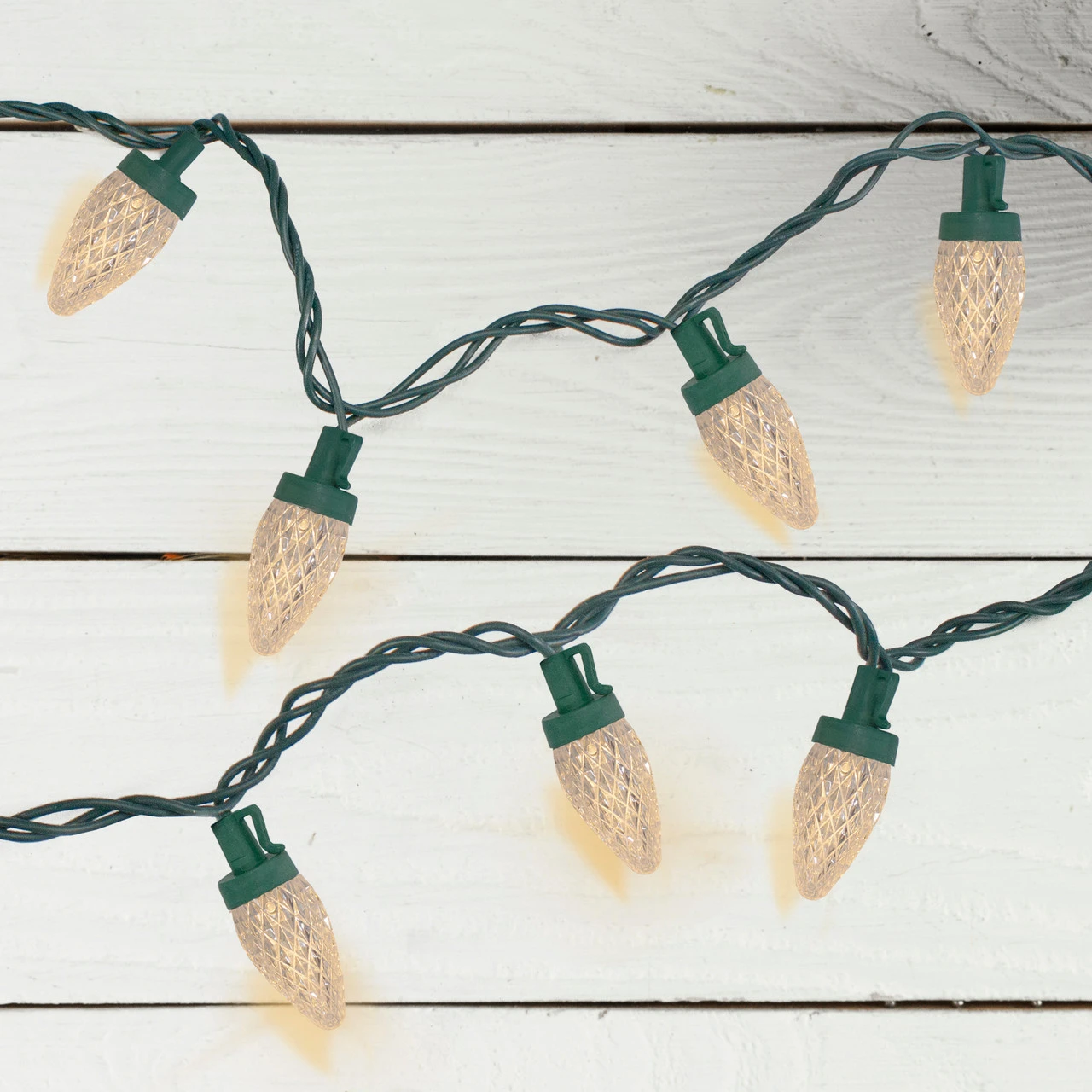 50 Count Warm White LED C7 Faceted Christmas Lights, 20.25 Ft Green Wire 2 50 Count Warm White LED C7 Faceted Christmas Lights, 20.25 Ft Green Wire - Image 2