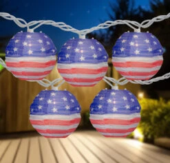 10-Count American Flag 4th Of July Paper Lantern Lights, 8.5ft White Wire