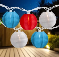 10-Count Red, White And Blue 4th Of July Paper Lantern Lights, 8.5ft White Wire