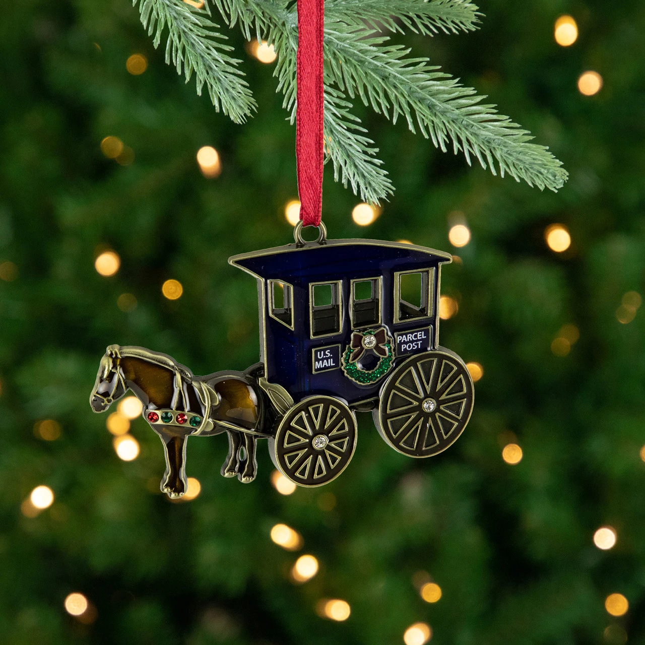 3.25" U.S. Mail Parcel Horse And Buggy Christmas Ornament With European Crystals 2 3.25" U.S. Mail Parcel Horse And Buggy Christmas Ornament With European Crystals - Image 2