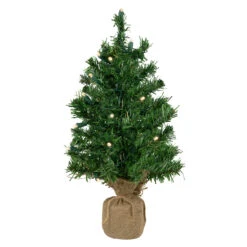 18" Pre-Lit Two-Tone Green Pine Artificial Christmas Tree In Burlap, Clear LED Lights