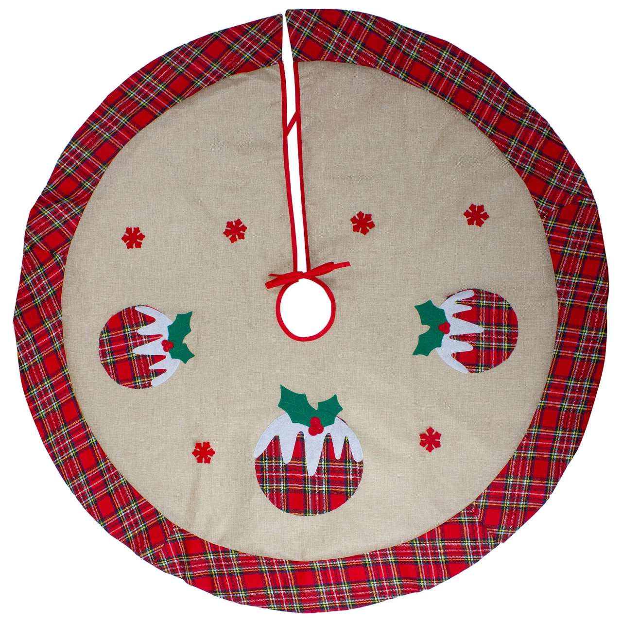 48" Burlap Plaid Tree Skirt With Christmas Puddings 2 48" Burlap Plaid Tree Skirt With Christmas Puddings - Image 2