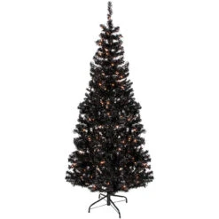 6' Pre-Lit Black Artificial Tinsel Christmas Tree, Clear Lights