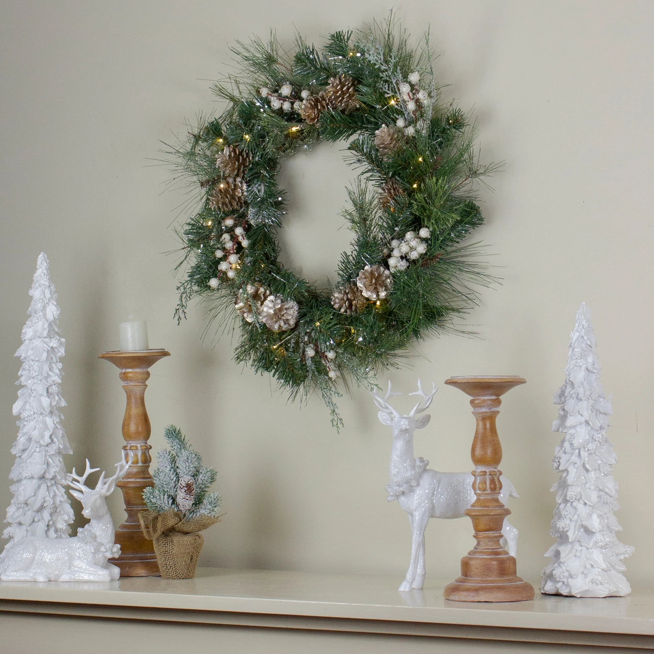 Pre-Lit Champagne Gold Pine Cone And Berry Mixed Pine Wreath - 22-Inch, Clear Lights 2 Pre-Lit Champagne Gold Pine Cone And Berry Mixed Pine Wreath - 22-Inch, Clear Lights - Image 2