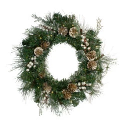 Pre-Lit Champagne Gold Pine Cone And Berry Mixed Pine Wreath - 22-Inch, Clear Lights