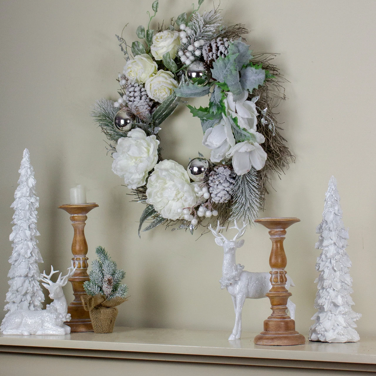 White And Silver Floral Flocked Pine Artificial Grapevine Christmas Wreath - 24-Inch, Unlit 2 White And Silver Floral Flocked Pine Artificial Grapevine Christmas Wreath - 24-Inch, Unlit - Image 2