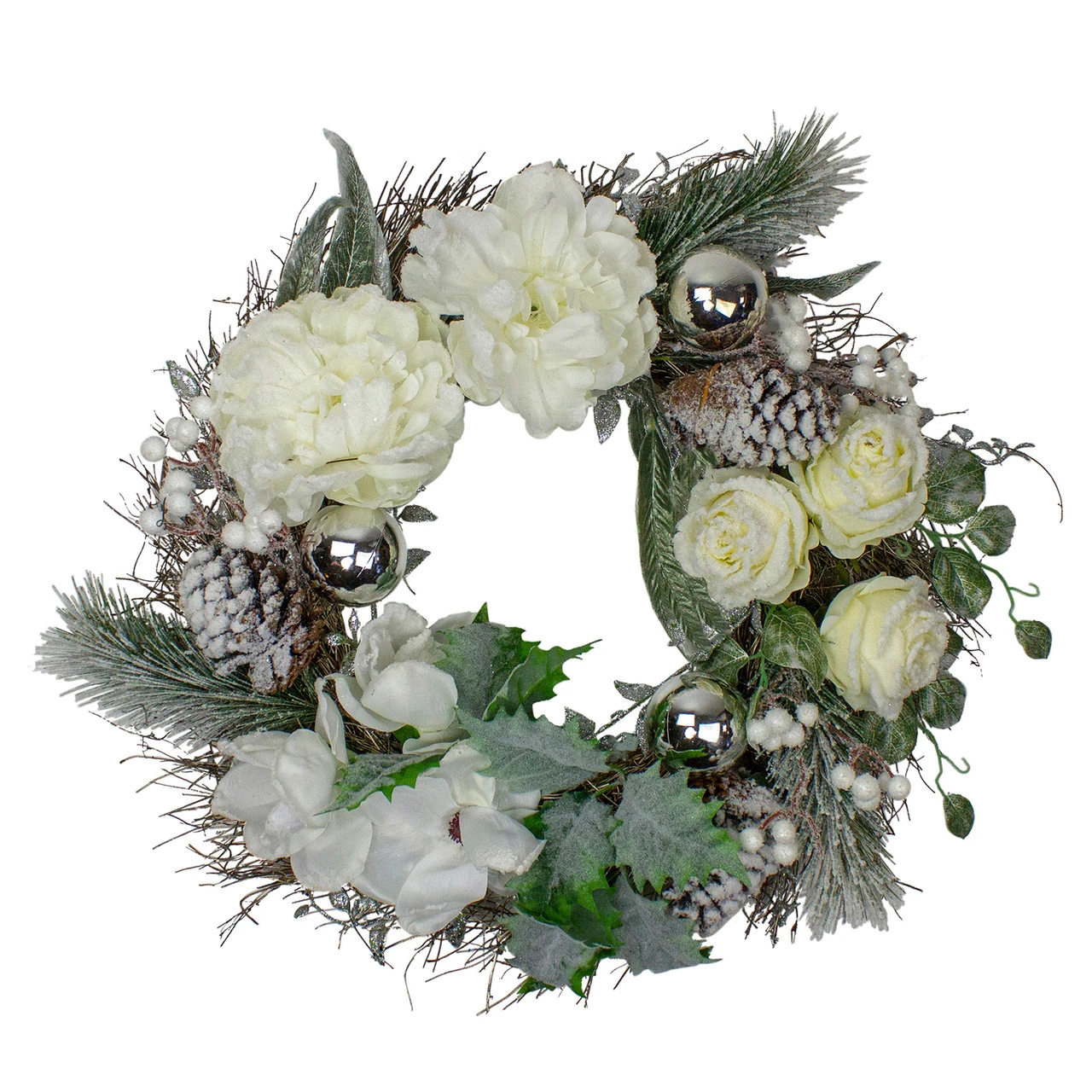 White And Silver Floral Flocked Pine Artificial Grapevine Christmas Wreath - 24-Inch, Unlit 1 White And Silver Floral Flocked Pine Artificial Grapevine Christmas Wreath - 24-Inch, Unlit
