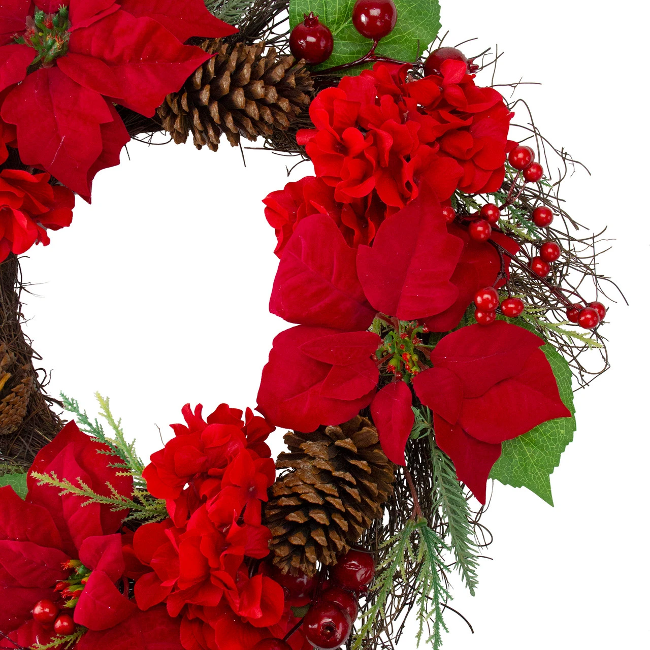 Red Poinsettia And Hydrangea Flowers With Berries Artificial Christmas Wreath - 24-Inch, Unlit 2 Red Poinsettia And Hydrangea Flowers With Berries Artificial Christmas Wreath - 24-Inch, Unlit - Image 2