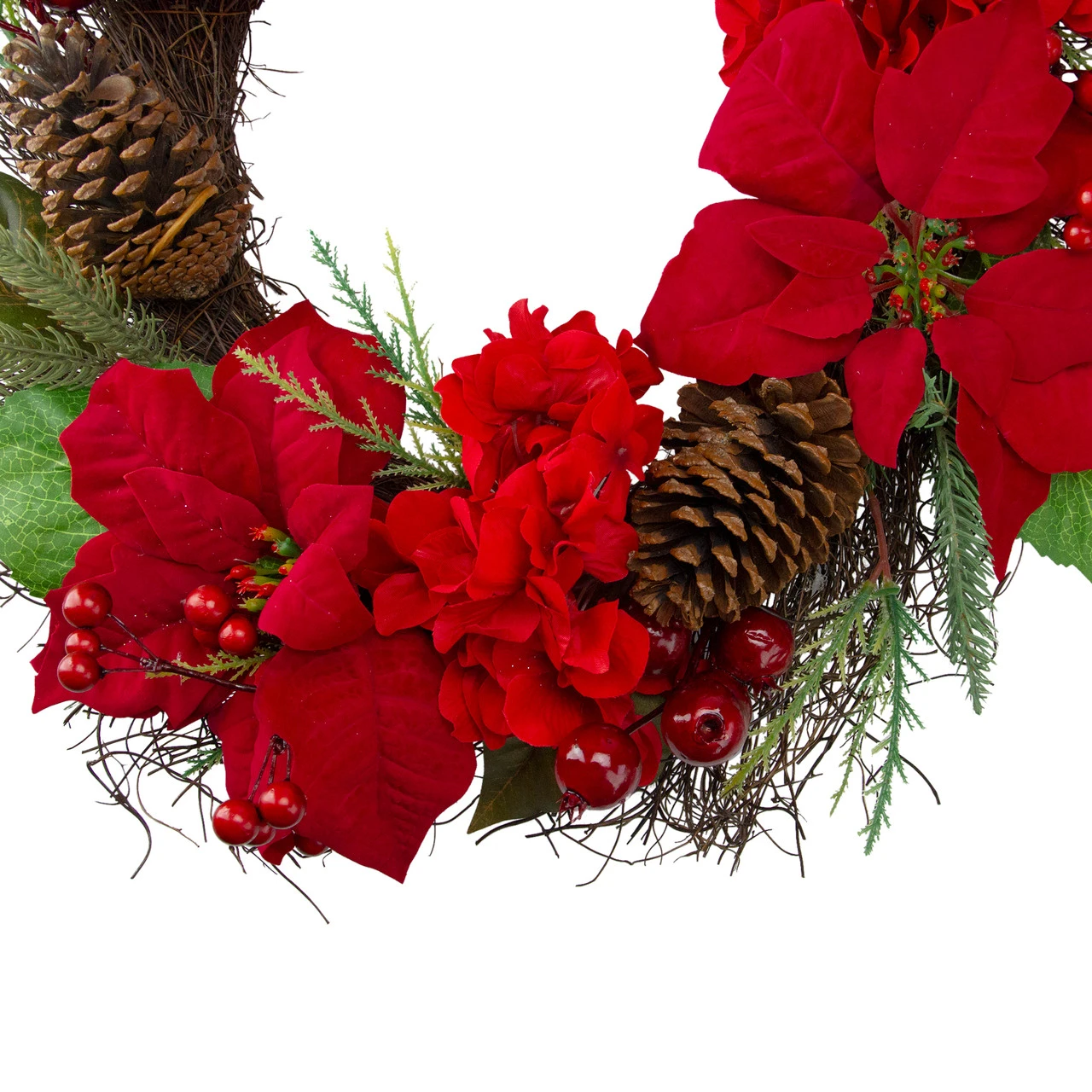 Red Poinsettia And Hydrangea Flowers With Berries Artificial Christmas Wreath - 24-Inch, Unlit 3 Red Poinsettia And Hydrangea Flowers With Berries Artificial Christmas Wreath - 24-Inch, Unlit - Image 3
