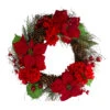 Red Poinsettia And Hydrangea Flowers With Berries Artificial Christmas Wreath - 24-Inch, Unlit