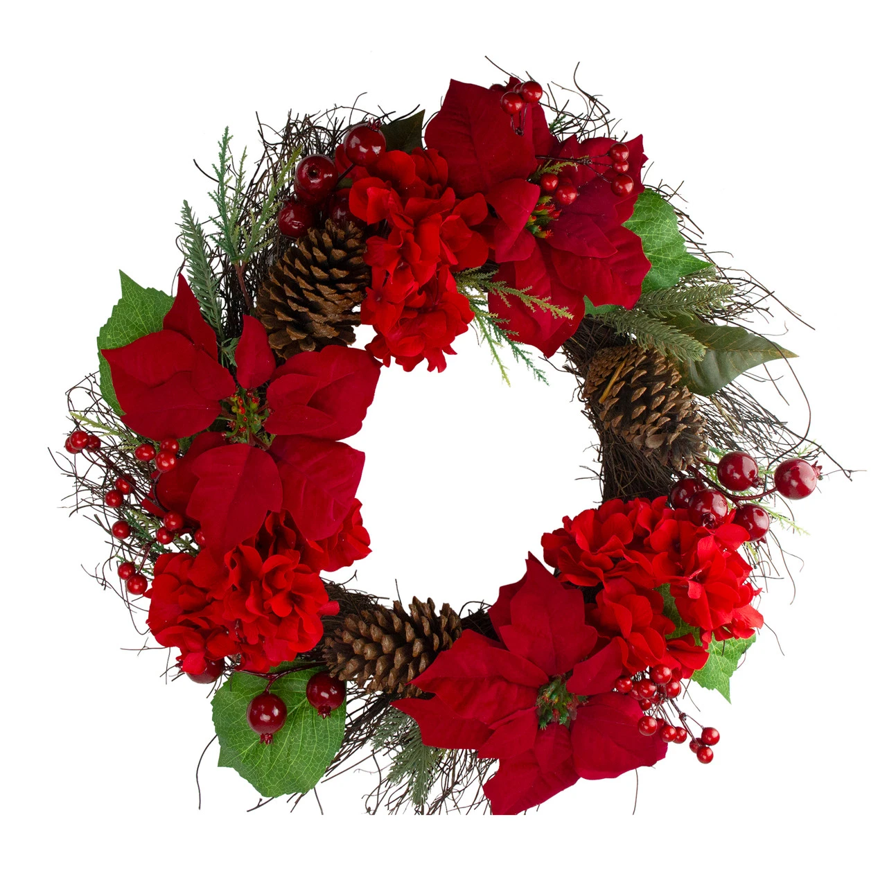 Red Poinsettia And Hydrangea Flowers With Berries Artificial Christmas Wreath - 24-Inch, Unlit 1 Red Poinsettia And Hydrangea Flowers With Berries Artificial Christmas Wreath - 24-Inch, Unlit
