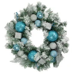 Flocked Pine With Teal And Silver Ornaments Artificial Christmas Wreath, 24-Inch, Unlit