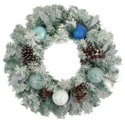 Flocked Pine With Blue And Silver Ornaments Artificial Christmas Wreath, 24-Inch, Unlit