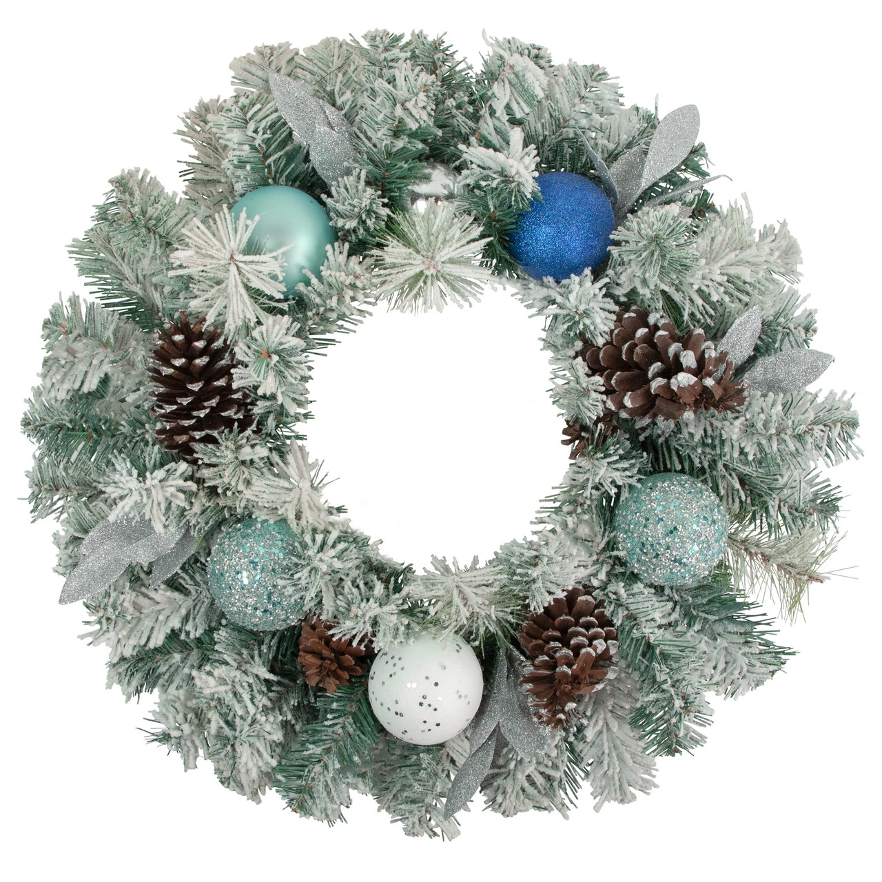 Flocked Pine With Blue And Silver Ornaments Artificial Christmas Wreath, 24-Inch, Unlit 1 Flocked Pine With Blue And Silver Ornaments Artificial Christmas Wreath, 24-Inch, Unlit