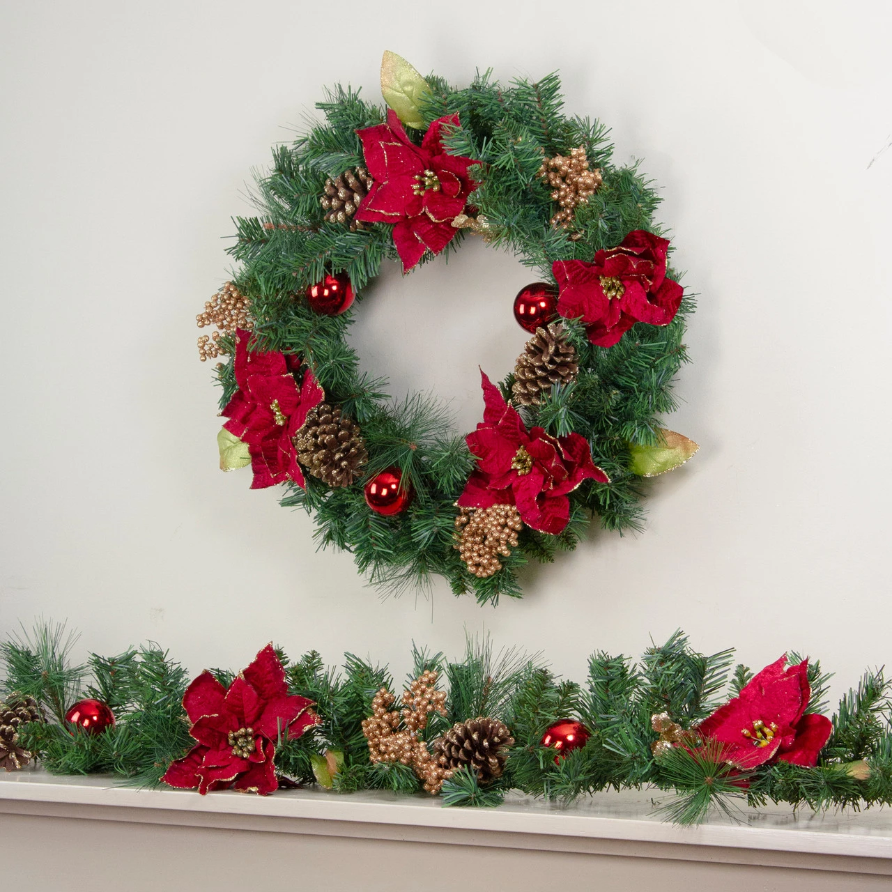 6' X 10" Pine And Poinsettias Artificial Christmas Garland - Unlit 3 6' X 10" Pine And Poinsettias Artificial Christmas Garland - Unlit - Image 3
