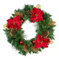 Green Pine And Poinsettias Artificial Christmas Wreath - 24-Inch, Unlit