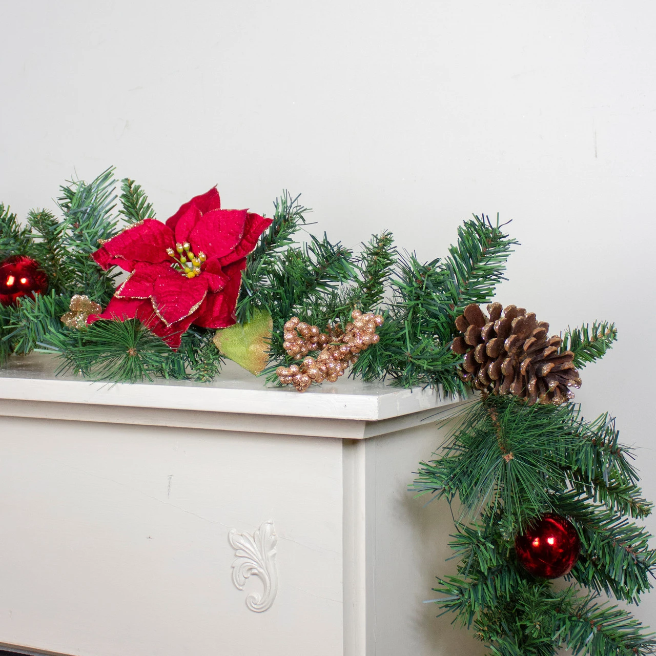 6' X 10" Pine And Poinsettias Artificial Christmas Garland - Unlit 2 6' X 10" Pine And Poinsettias Artificial Christmas Garland - Unlit - Image 2