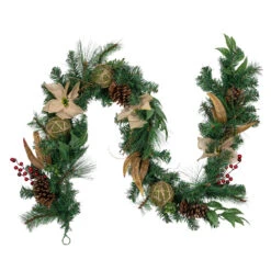 6' X 10" Burlap Poinsettia, Moss Ball, Mixed Pine And Berries Christmas Garland - Unlit