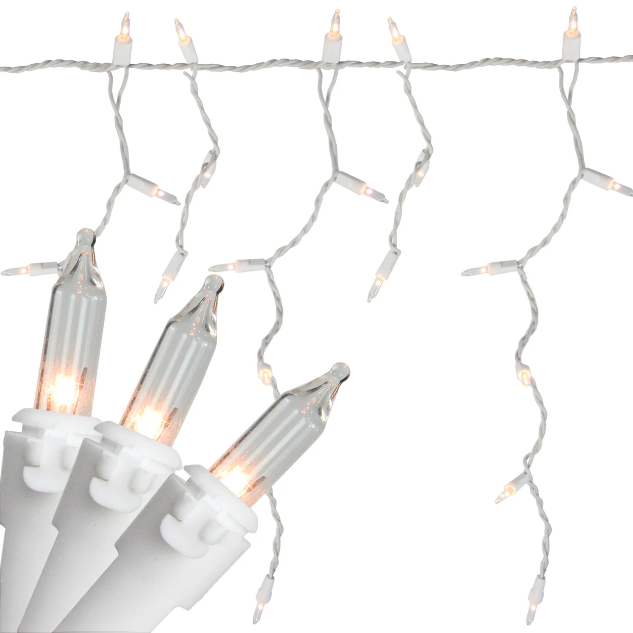 300 Clear Mini Icicle Christmas Lights - 13.5 Ft White Wire 1 300 Clear Mini Icicle Christmas Lights - 13.5 Ft White Wire