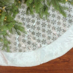 60" White And Silver Sequin Snowflake Christmas Tree Skirt With Faux Fur Border