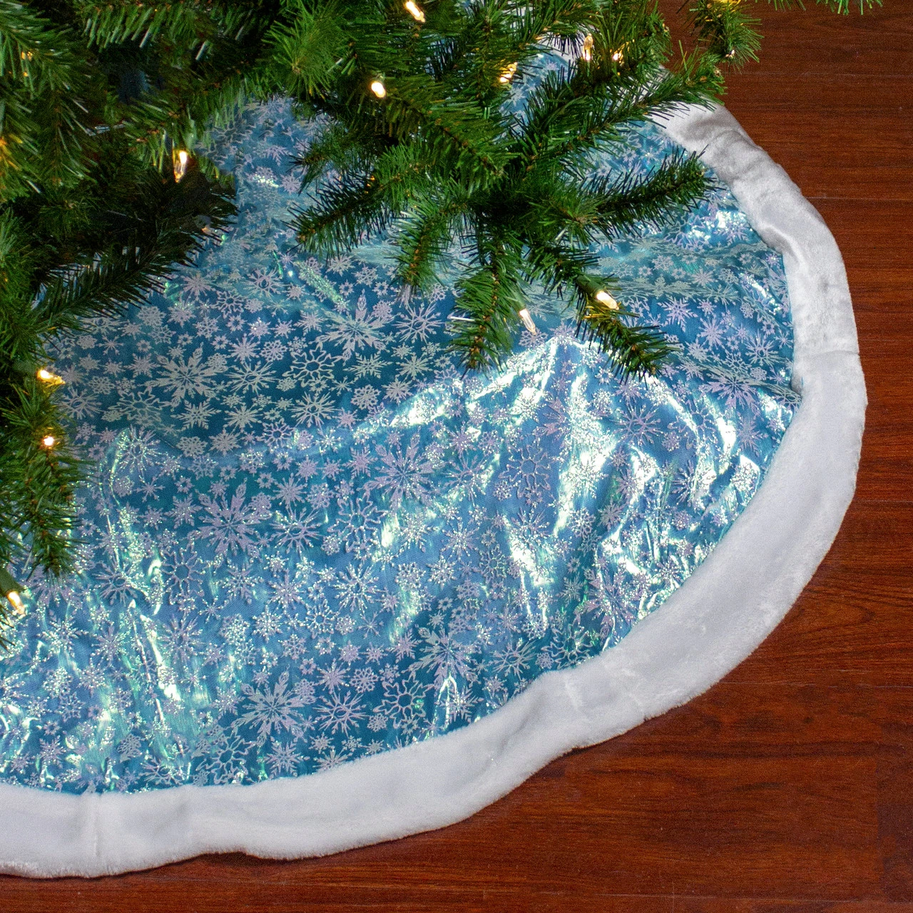 48" Light Blue Iridescent Mesh Glittered Snowflakes Christmas Tree Skirt 1 48" Light Blue Iridescent Mesh Glittered Snowflakes Christmas Tree Skirt