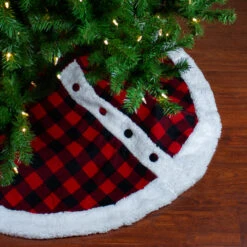 48" Black And Red Buttoned Buffalo Plaid Christmas Tree Skirt