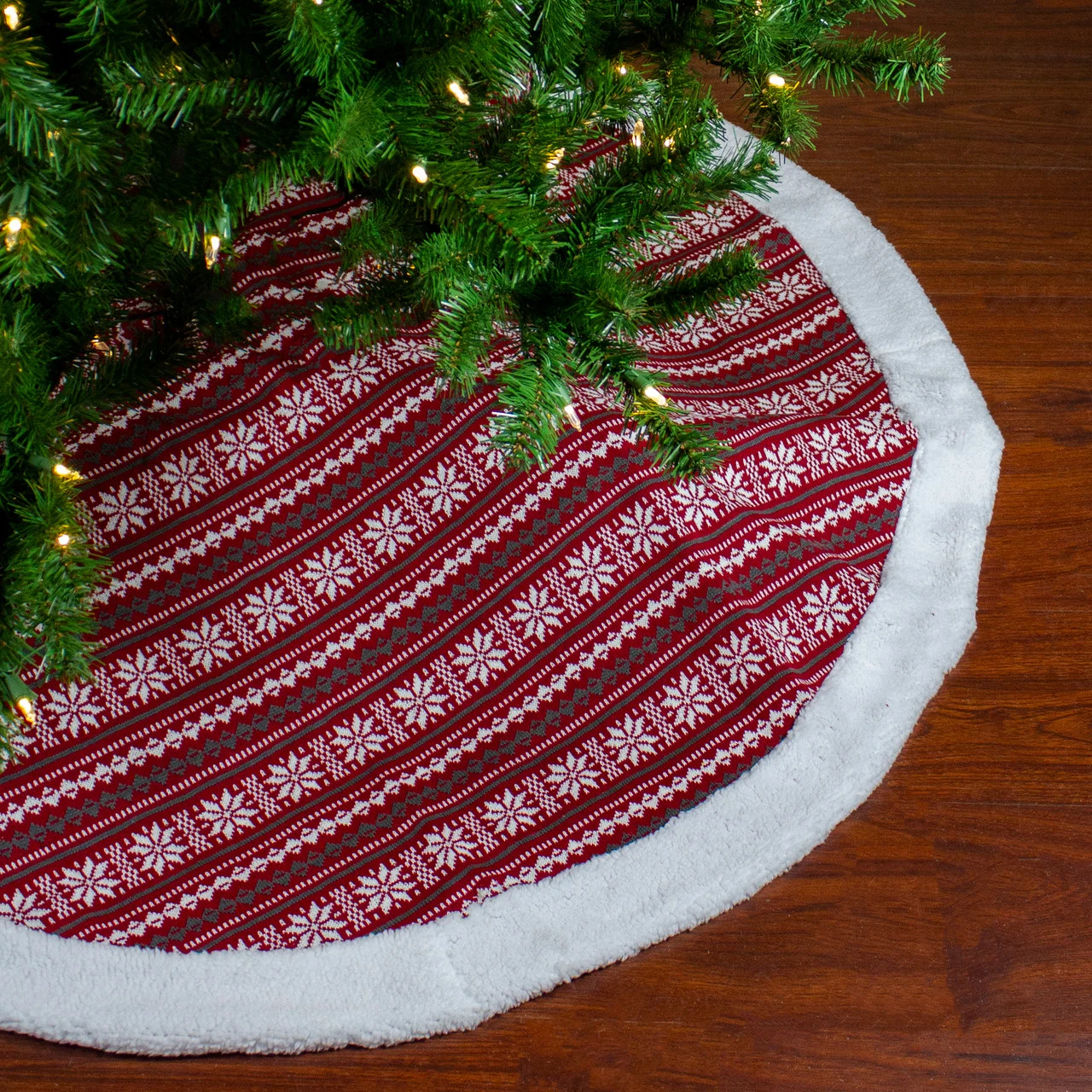 48" Red And White Knitted Snowflake Lodge Christmas Tree Skirt 1 48" Red And White Knitted Snowflake Lodge Christmas Tree Skirt
