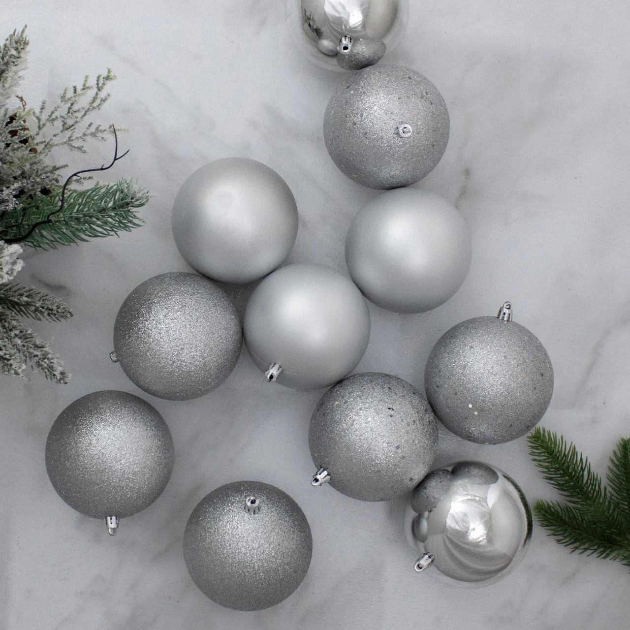 12ct Shatterproof 4-Finish Silver Splendor Christmas Ball Ornaments 4" (100mm) 2 12ct Shatterproof 4-Finish Silver Splendor Christmas Ball Ornaments 4" (100mm) - Image 2