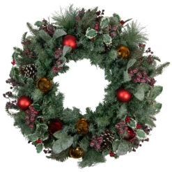 Frosted Long Needle Pine And Ornaments Artificial Christmas Wreath, 32-Inch