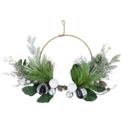 Black And White Plaid Winter Greenery Artificial Christmas Wreath, 18-Inch, Unlit