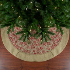 48" Tan And Red Rustic Burlap Poinsettia Christmas Tree Skirt