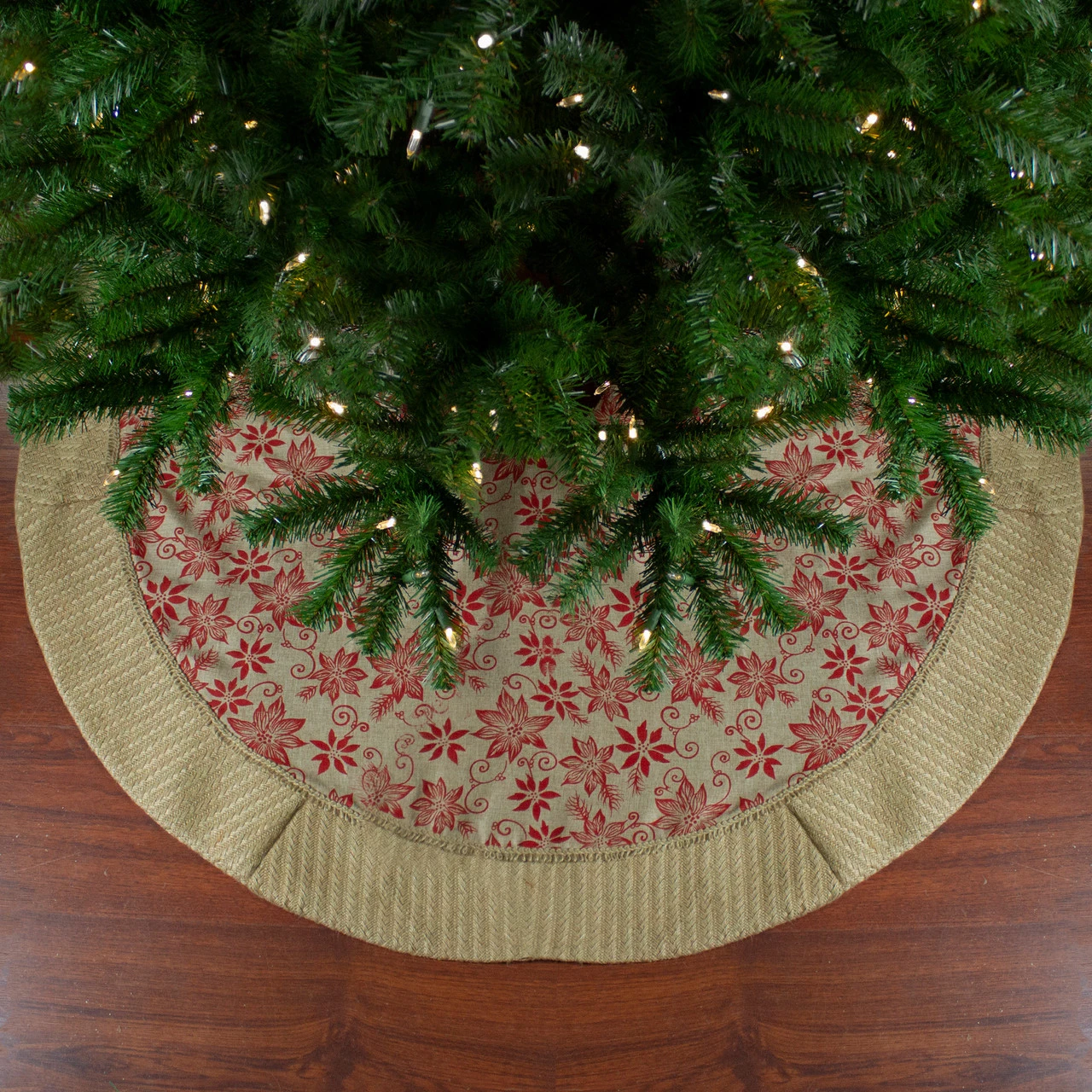 48" Tan And Red Rustic Burlap Poinsettia Christmas Tree Skirt 1 48" Tan And Red Rustic Burlap Poinsettia Christmas Tree Skirt