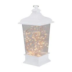 12" Battery Operated White Tapered Lantern With Rice Lights Tabletop Decoration