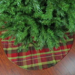 48" Red And Green Plaid Rustic Woodland Christmas Tree Skirt With Green Trim