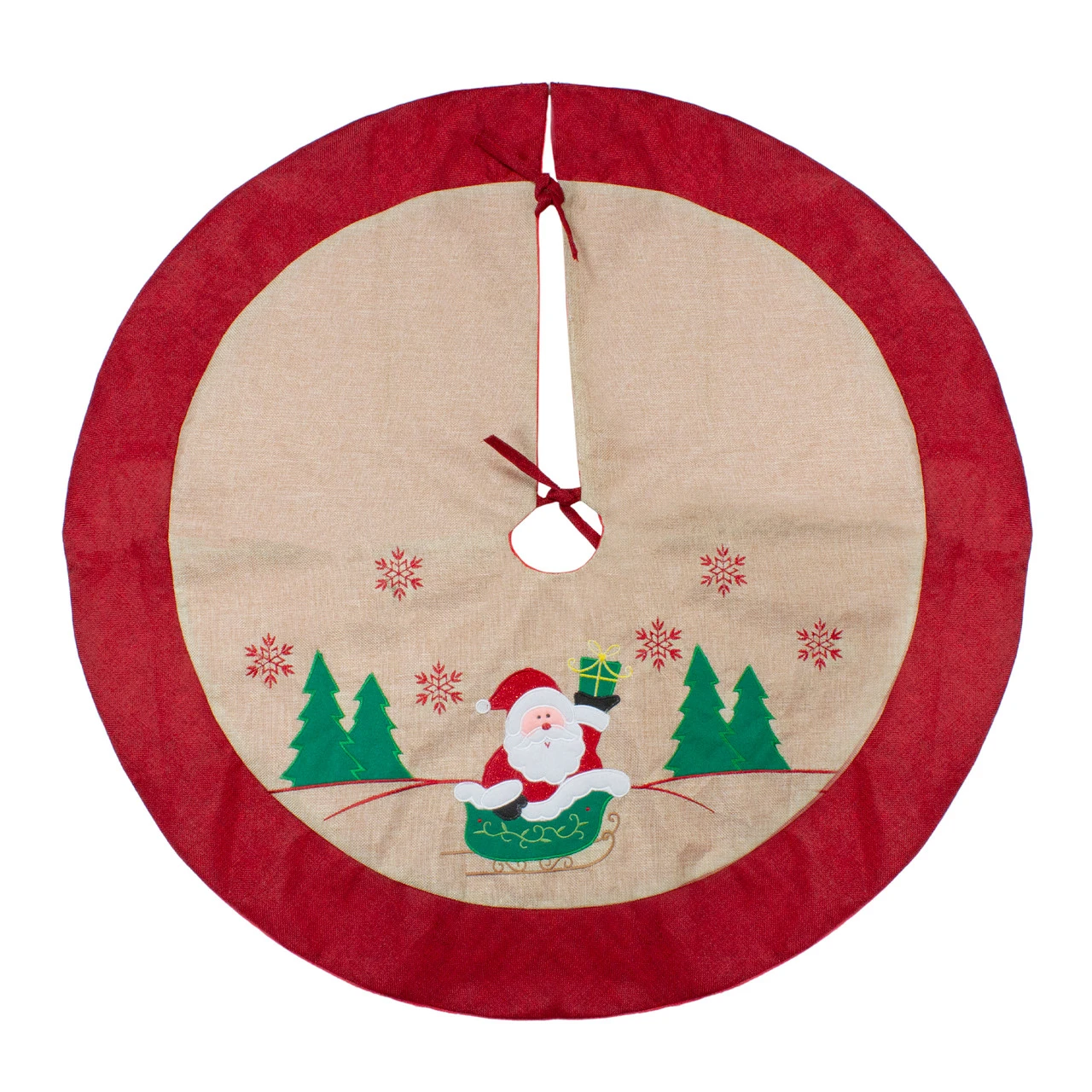36" Burlap Santa Claus In Sleigh Embroidered Christmas Tree Skirt 2 36" Burlap Santa Claus In Sleigh Embroidered Christmas Tree Skirt - Image 2