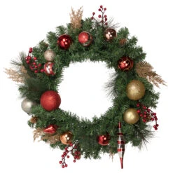 Green Mixed Foliage And Ornaments Artificial Christmas Wreath, 30-Inch, Unlit