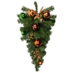 30" Green Foliage And Ornaments Artificial Christmas Teardrop Swag, Unlit