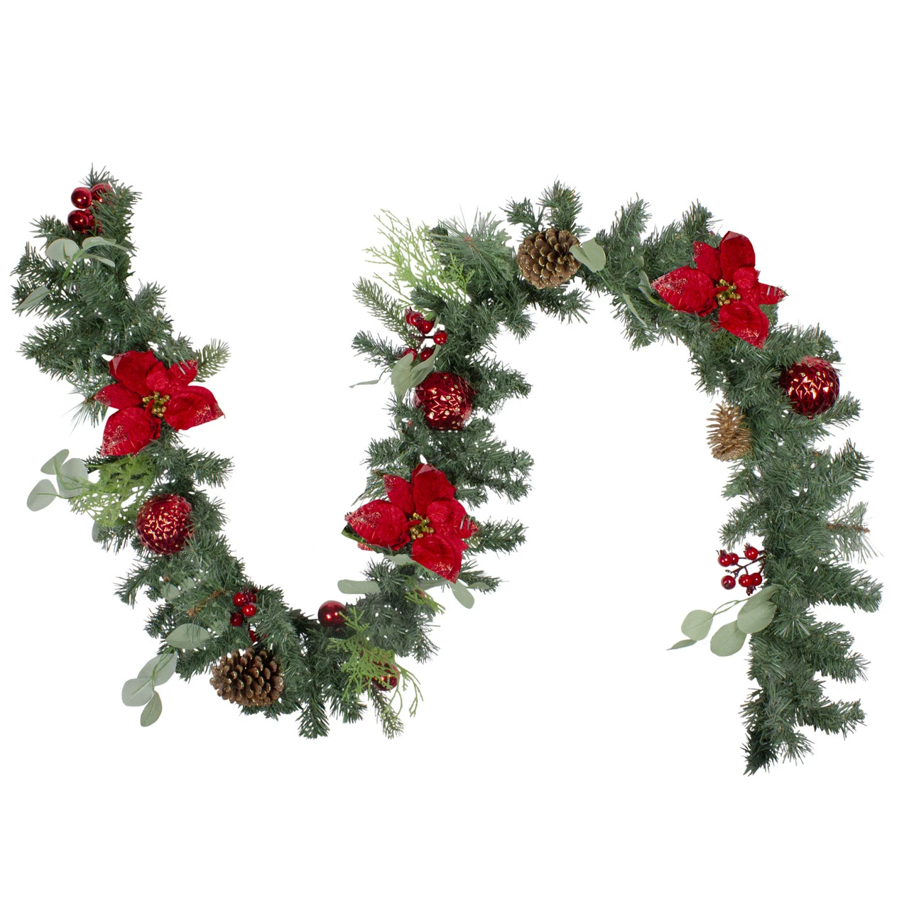 6' Red Ornaments And Poinsettias Artificial Christmas Garland- Unlit 1 6' Red Ornaments And Poinsettias Artificial Christmas Garland- Unlit